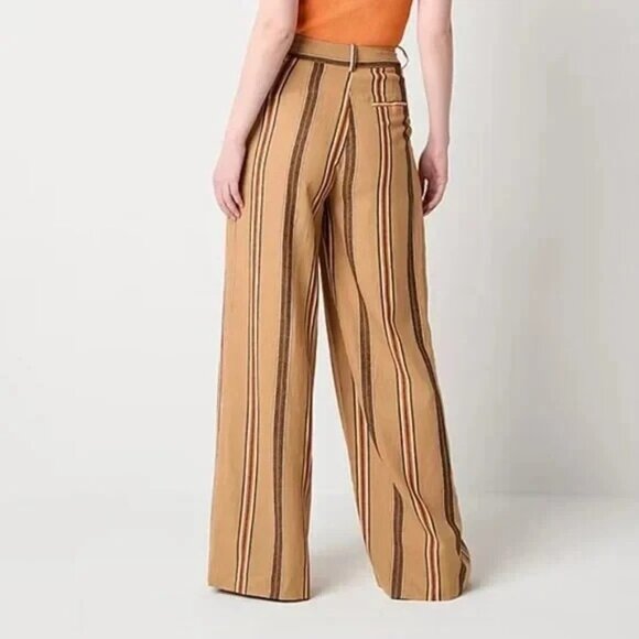 Worthington Wide Leg Pants Size 8 Brown Stripe Linen Blend Lightweight Neutral - Picture 2 of 8